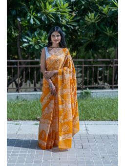 Moora - Tangerine Twist - Orange Batik Pure Saree With Unstitched Blouse