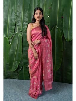 Moora - Pink Blossom Zari Embroidered Tissue Saree with Unstitched Blouse