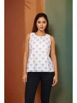 ZNKL - Ikat Crochet Round Neck Wear White Top