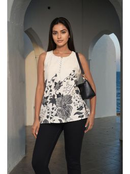 ZNKL - Soft Floral Printed Khadi Sleeveless Off White Top