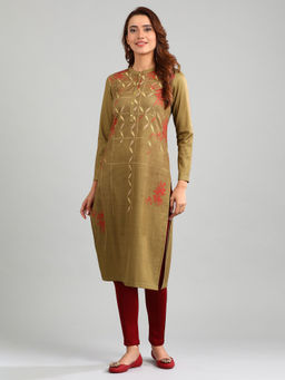 Aurelia - Olive Band Collar Yarn-Dyed Winter Kurta