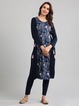 Aurelia - Navy Blue Round Neck Layered Winter Kurta
