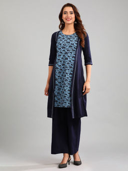 Aurelia - Navy Blue Round Neck Yarn-Dyed Winter Kurta