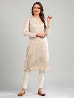 Aurelia - Beige Band Collar Yarn-Dyed Winter Kurta