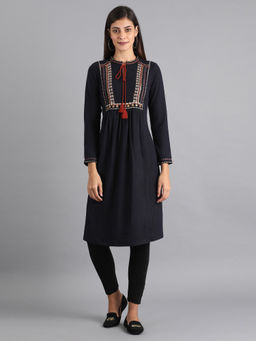 W - Navy Blue Mandarin Neck Winter Kurta
