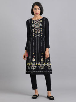 W - Navy Blue Round Neck Winter Kurta