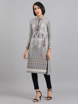 W - Grey Mandarin Neck Winter Kurta