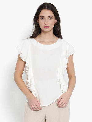 Rareism Women's Zeen Off White Cotton Half Sleeve Relaxed Fit Object Print T-Shirt