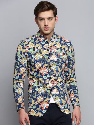 Men's Black Slim-Fit Printed Mandarin Collar Bandhgala Cotton Casual Blazer