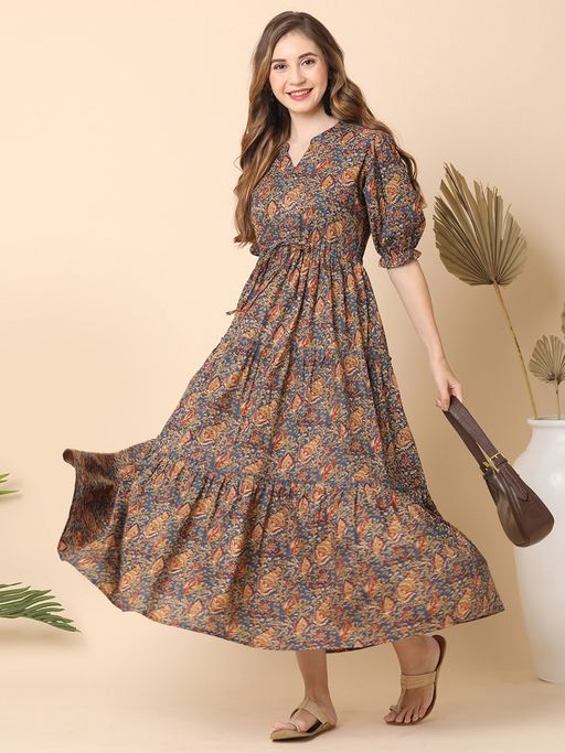Buy Globus Women Blue Mandarin Collar Puff Sleeves All Over Ethnic Print  Fit & Flare Maxi Dress Online