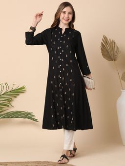 Globus - Women Black Floral Embroidered Panelled A-Line Kurta
