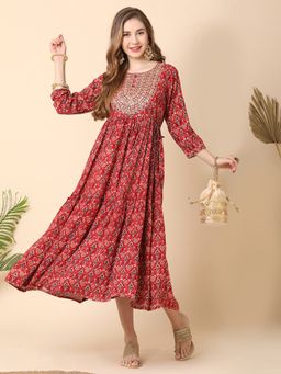 Globus - Women Red Ethnic Motif Embroidered Yoke Flared Midi Dress