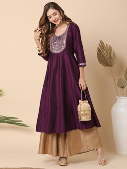 Globus - Women Purple Embroidered Yoke Panelled Anarkali Kurta