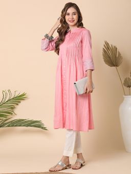 Globus - Women Peach Embroidered Sleeve Pleated A-Line Kurta