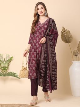 Globus - Women Wine All Over Printed Straight Kurta with Narrow Pants & Dupatta (Set of 3)