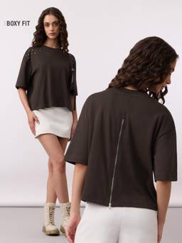 The Souled Store - Kiona Studded Back-Zip Women Brown Boxy T-Shirt