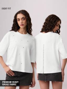 The Souled Store - Luna Studded Back-Zip Women White Boxy T-Shirt