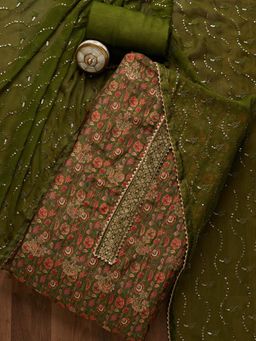 Koskii - Leaf Green Zariwork Banarasi Semi-Stitched Salwar Suit