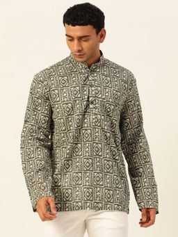 JAVINISHKA - Premium Dark Green & White Blocks Handblock Printed Short Kurta