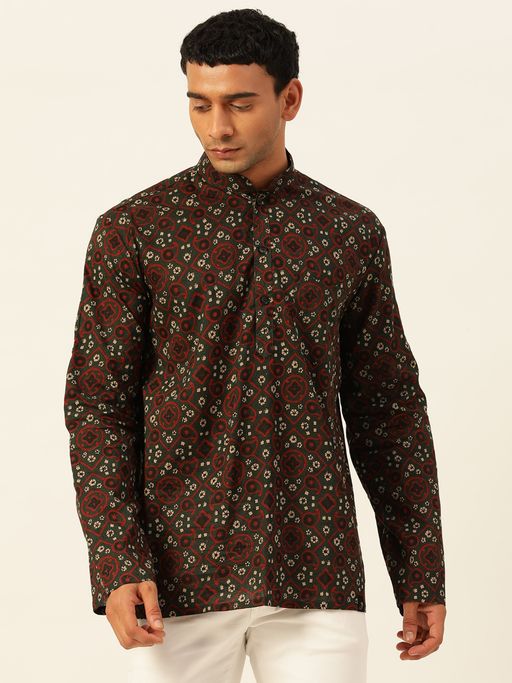 JAVINISHKA Premium Dark Green & Red Rhombus Print Handblock Printed Short Kurta