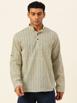 JAVINISHKA - Premium Beige With Blue Motiffs Handblock Printed Short Kurta