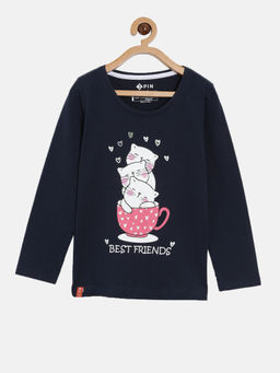 3PIN - Girls Navy Blue Cotton Graphic Printed T-Shirt