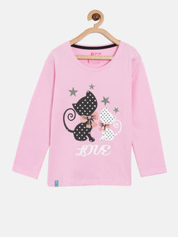 3PIN - Girls Pink Cotton Graphic Printed T-Shirt