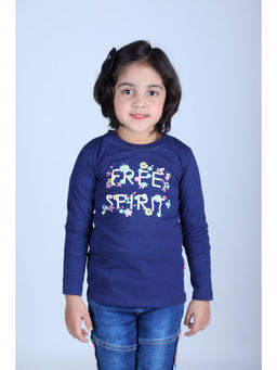 3PIN - Girls Navy Blue Cotton Typography T-Shirt