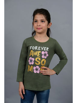 3PIN - Girls Olive Pure Cotton Typography T-Shirt