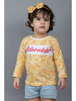 3PIN - Girls Yellow Pure Cotton Printed T-Shirt