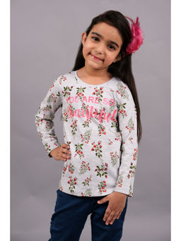 3PIN - Girls Grey Pure Cotton Printed T-Shirt