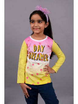 3PIN - Girls Yellow Pure Cotton Typography T-Shirt