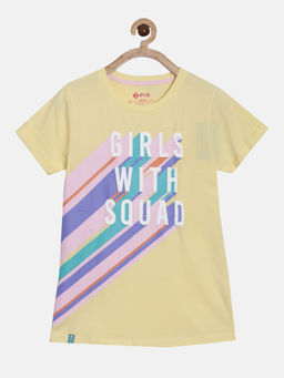 3PIN - Girls Yellow Cotton Typography T-Shirt