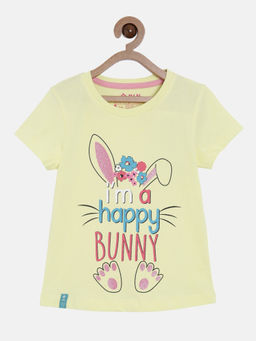 3PIN - Girls Yellow Cotton Typography T-Shirt