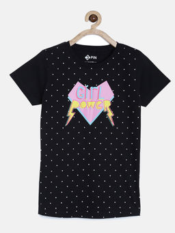3PIN - Girls Black Cotton Printed Pure T-Shirt