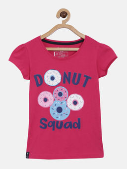 3PIN - Girls Pink Cotton Typography T-Shirt