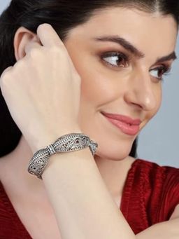 Accessher - Silver Plated Antique Oxidized Bangle with Carved Design and Screw Closure (2.6)