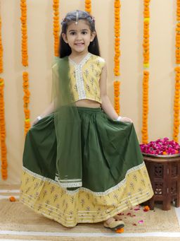 Junitos - Girls Cotton Printed Green Lehenga with Choli & Dupatta (Set of 3)