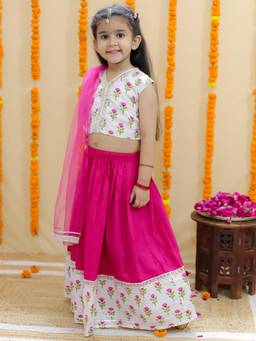 Junitos - Girls Cotton Printed Pink Lehenga with Choli & Dupatta (Set of 3)