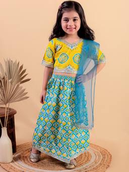 Junitos - Girls Cotton Printed Blue Lehenga with Choli & Dupatta (Set of 3)