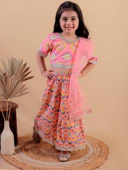 Junitos - Girls Cotton Printed Pink Lehenga with Choli & Dupatta (Set of 3)