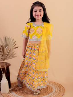 Junitos - Girls Cotton Printed Yellow Lehenga with Choli & Dupatta (Set of 3)