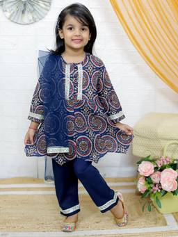 Junitos - Girls Cotton Navy Blue Floral Anarkali Kurta with Pant & Dupatta (Set of 3)