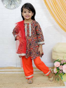 Junitos - Girls Cotton Orange Floral Anarkali Kurta with Pant & Dupatta (Set of 3)
