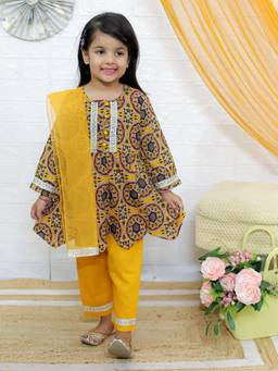 Junitos - Girls Cotton Yellow Floral Anarkali Kurta with Pant & Dupatta (Set of 3)