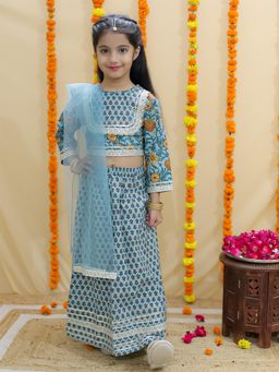 Junitos - Girls Cotton Floral Print Green Lehenga with Choli & Dupatta (Set of 3)