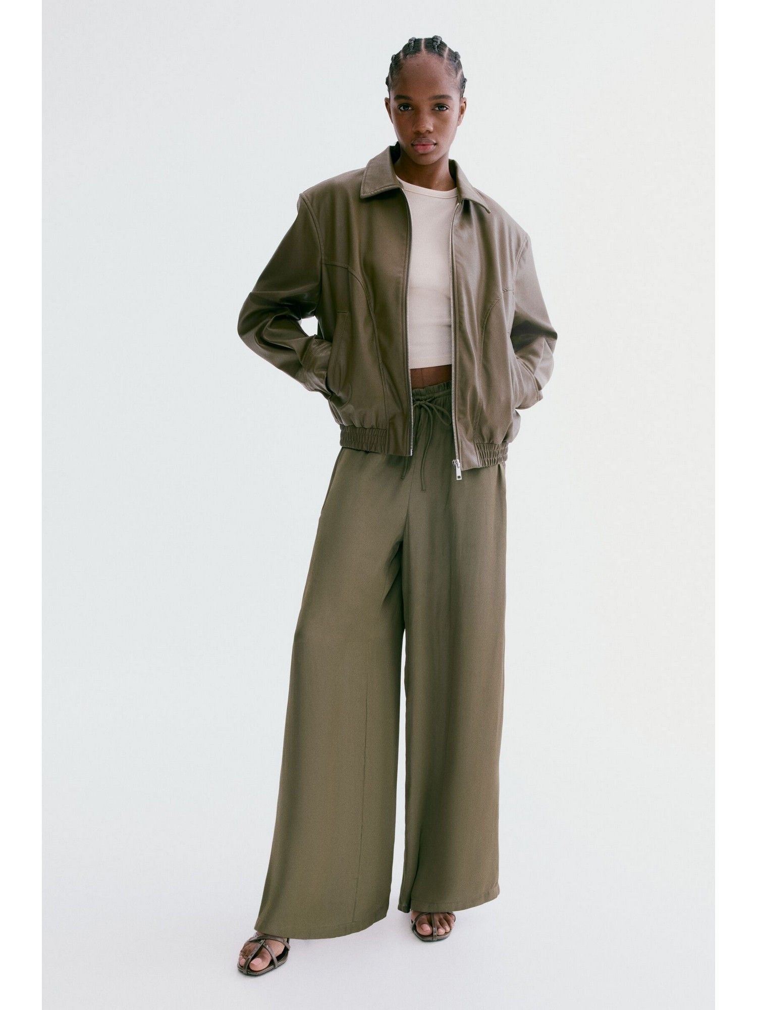 h&m Women Green Satin Drawstring Pant-picture-9