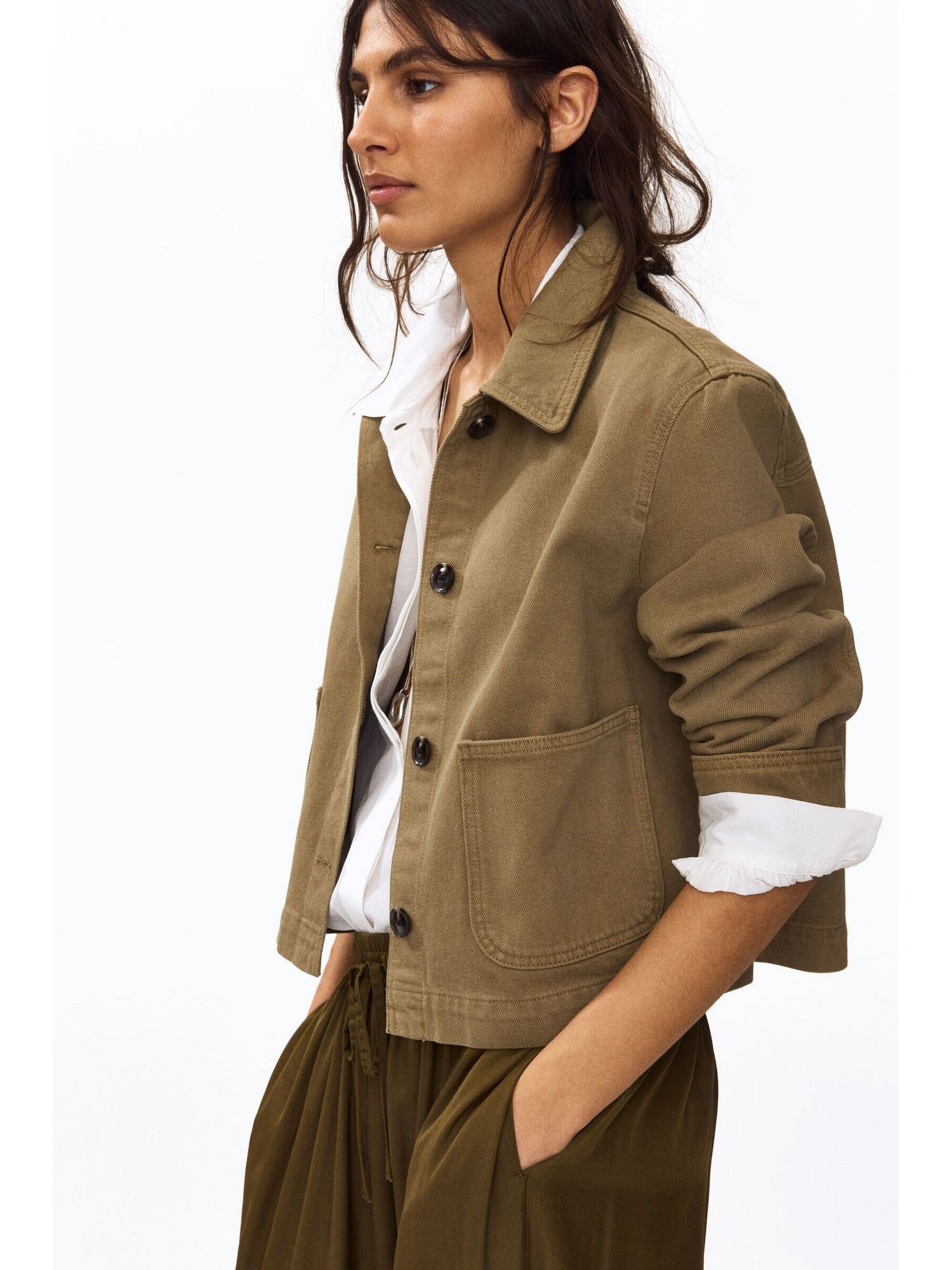 h&m Women Green Cotton Twill Shacket-picture-16