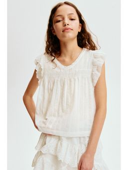 H&M - Girls White Flutter-Sleeved Top