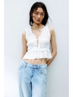 H&M - Women White Tie-Detail Smocked Top